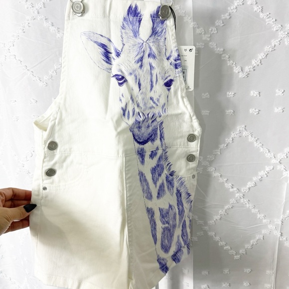 #35🎄 388. DESIGUAL white jeans overalls shorts drawn giraffe size 7 - 8 years - Picture 5 of 8